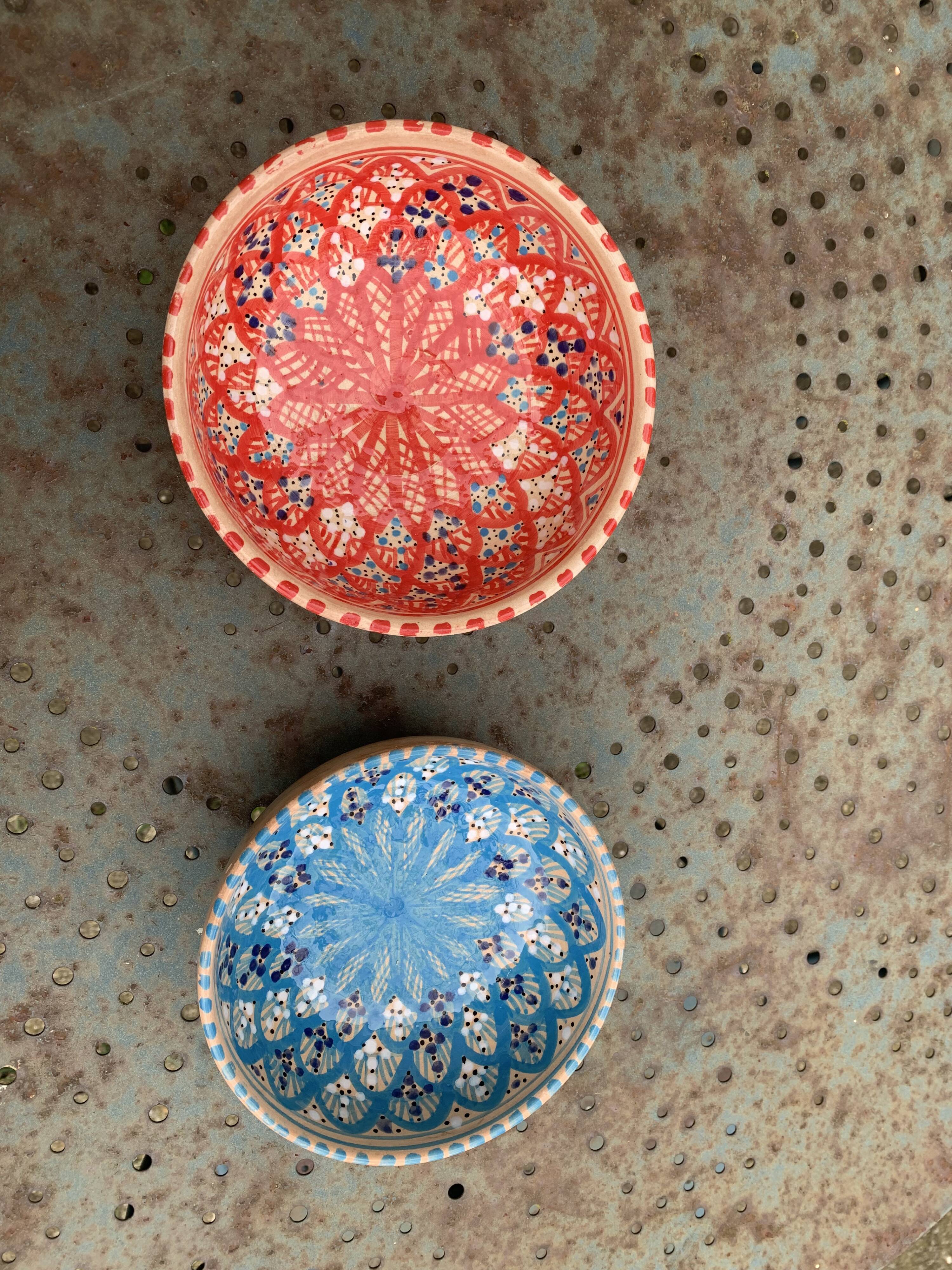 Two bowls, enameled ceramic cups, red and blue, artisanal, hand painted made in Italy