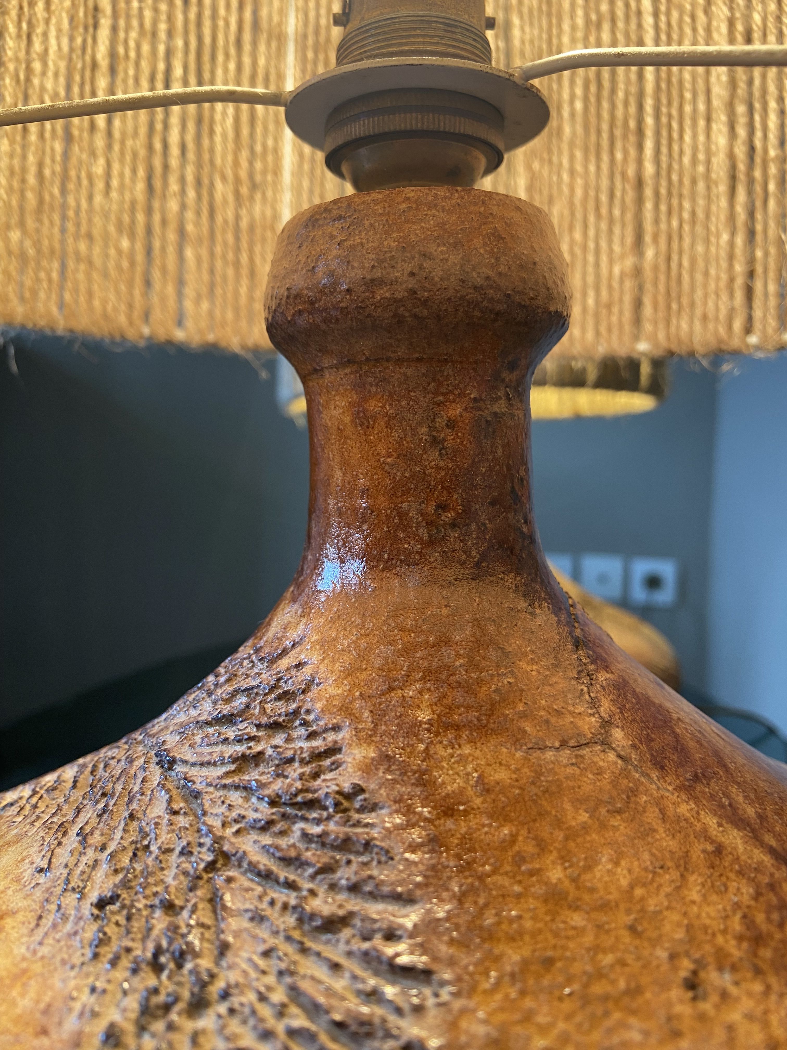 Pair of vintage Vallauris scarified seagrass stoneware lamps and rope lampshade