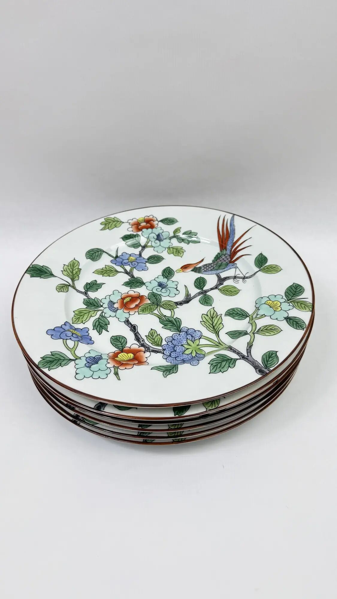 6 porcelain plates from Paris for Tiffany & Co, bird and peonies.