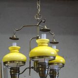 Grand lustre 3 feux en verre, opaline et laiton