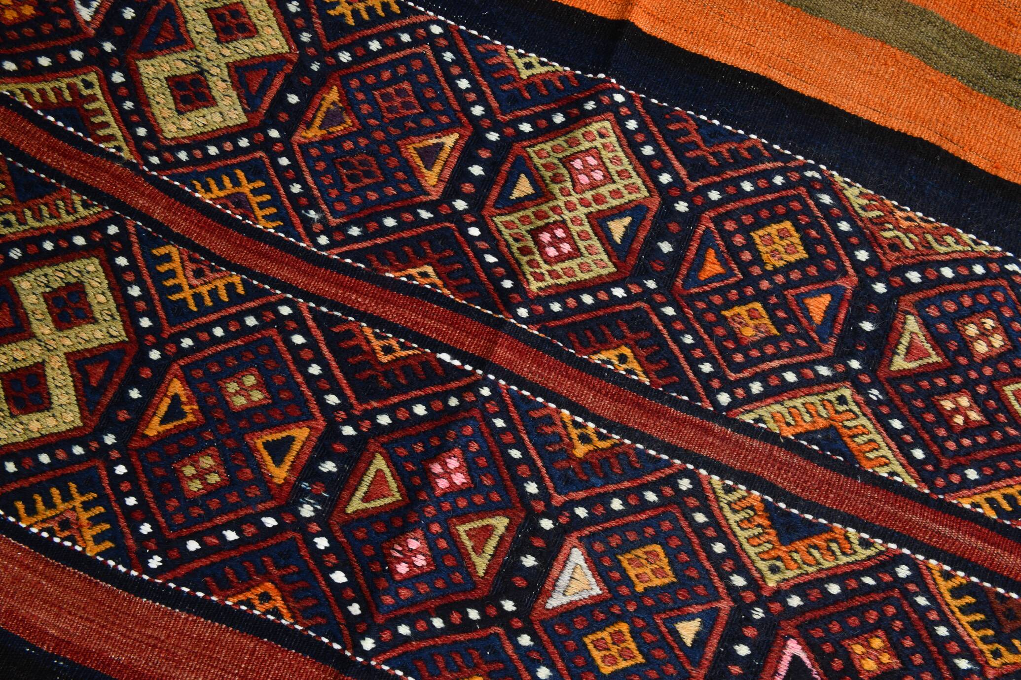 Navy Blue Orange Square Antique Kilim Rug, 128x128Cm