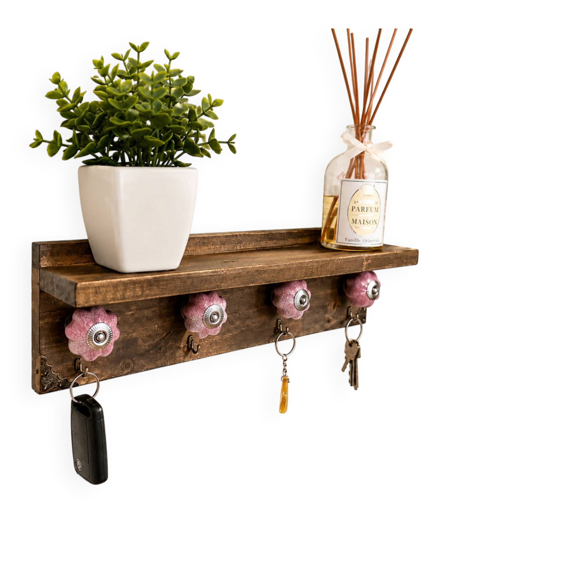 "Wall-mounted key holder shelf in wood, chic country / vintage / shabby style"