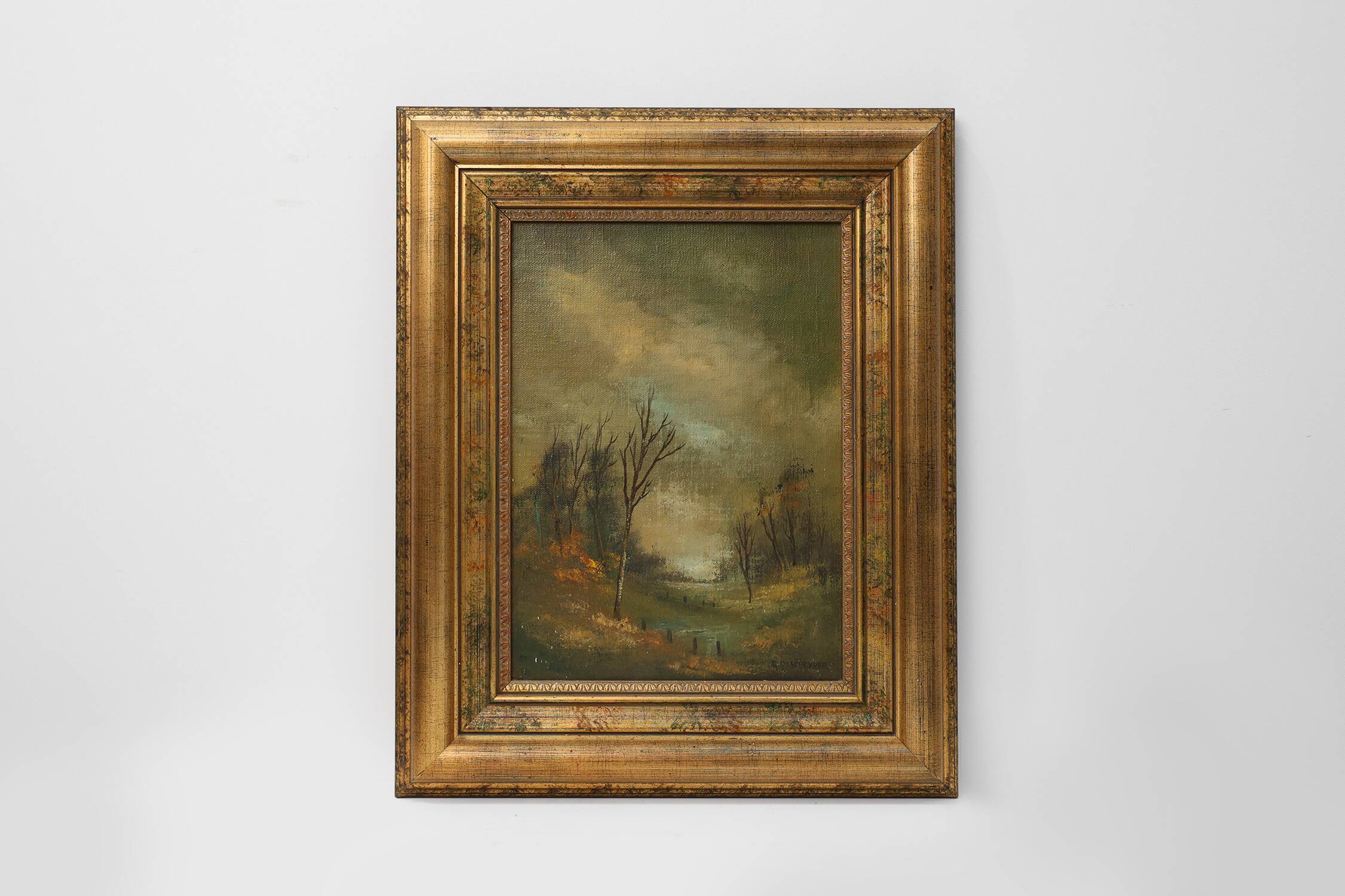 Signed Oil painting of a Landscape in Giltwood Frame, Belgium 1940s