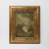 Signed Oil painting of a Landscape in Giltwood Frame, Belgium 1940s
