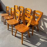 Set of 8 designer pine chairs in the style of Les Arcs Charlotte Perriand from the 70s
