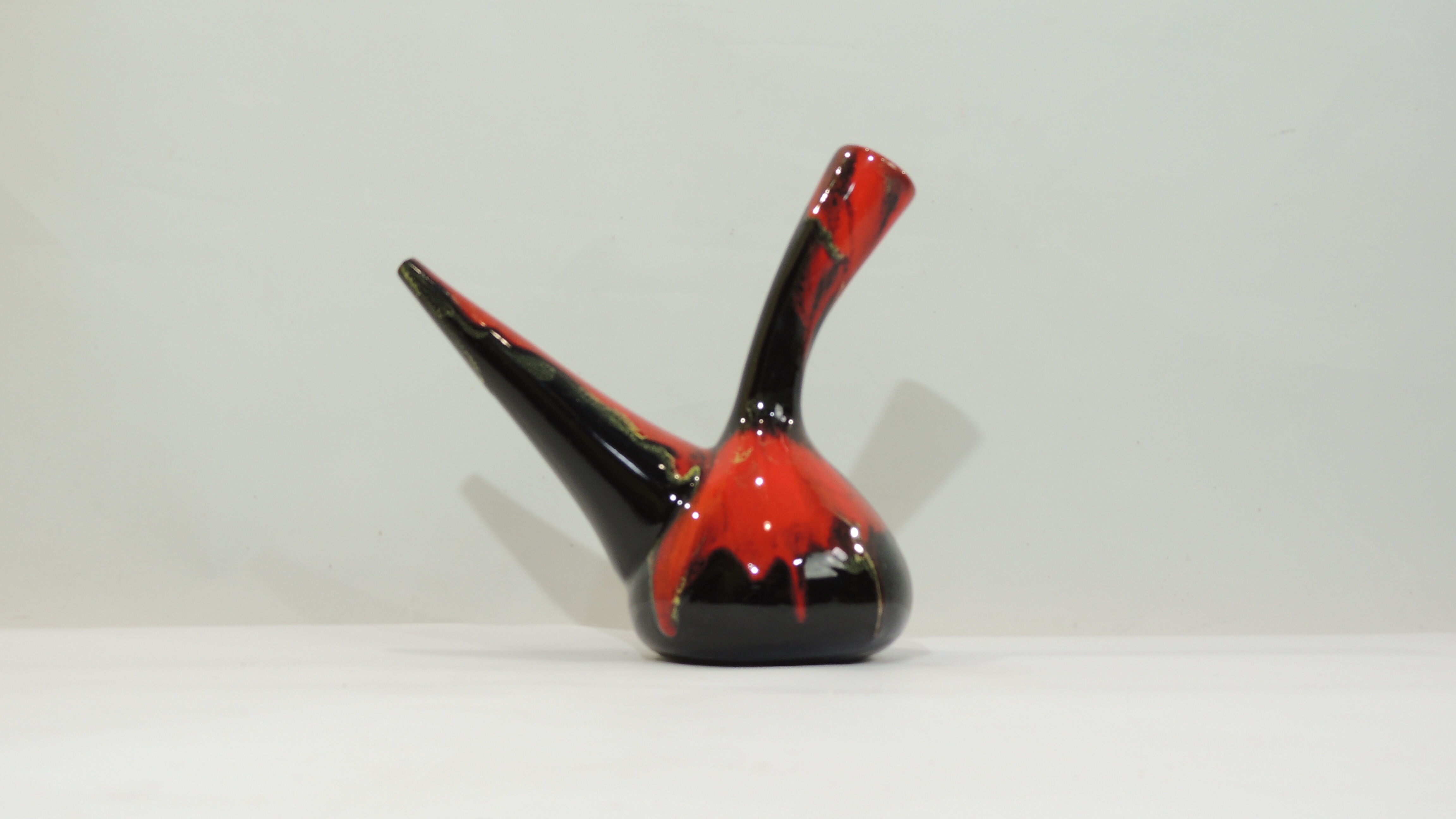 Glazed ceramic porron / Mid-century oil vase from Perpignan France black red and jau