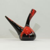 Glazed ceramic porron / Mid-century oil vase from Perpignan France black red and jau