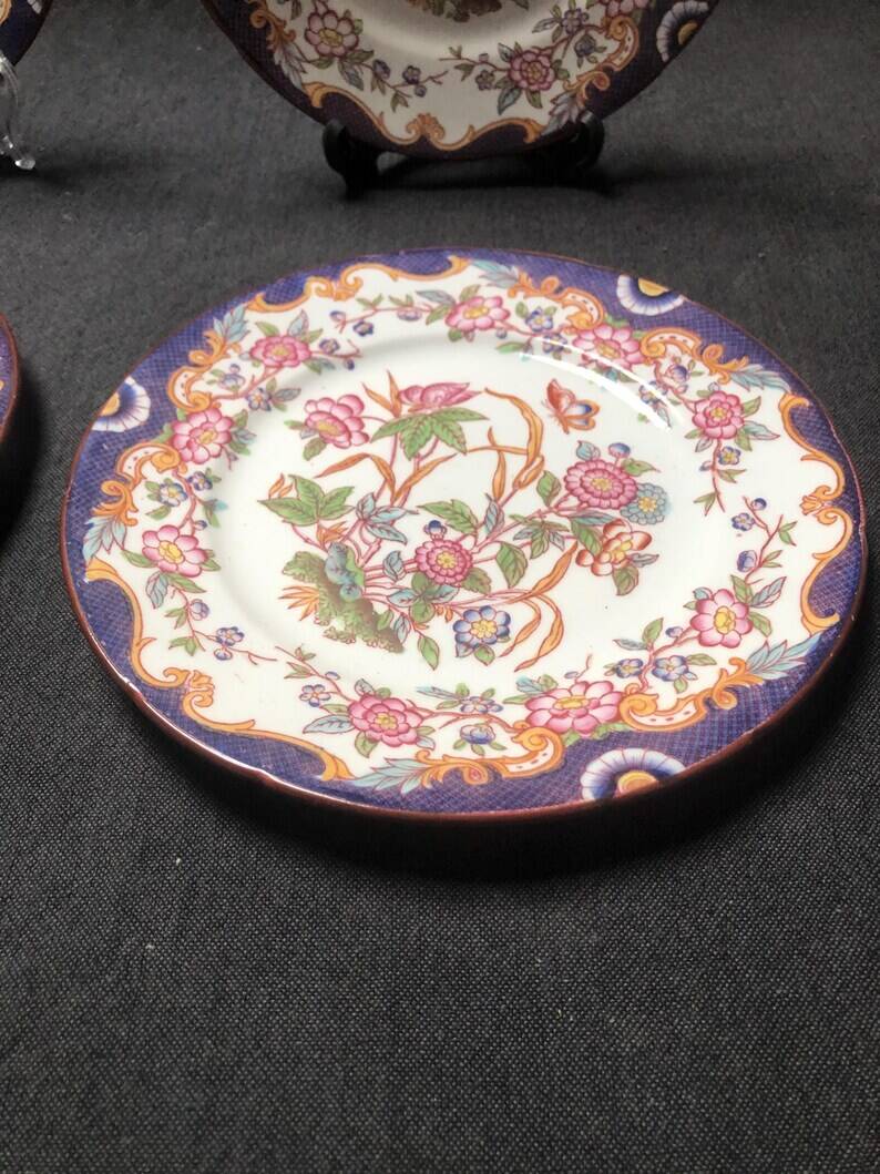 Antique Sarreguemines Dessert Plates: Hand-Painted Floral Ceramic, Set of 3