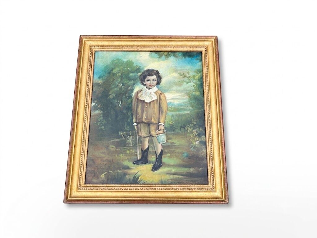 Tableau, huile sur panneau encadrée, portrait enfant au jardin style anglais, XIXe
