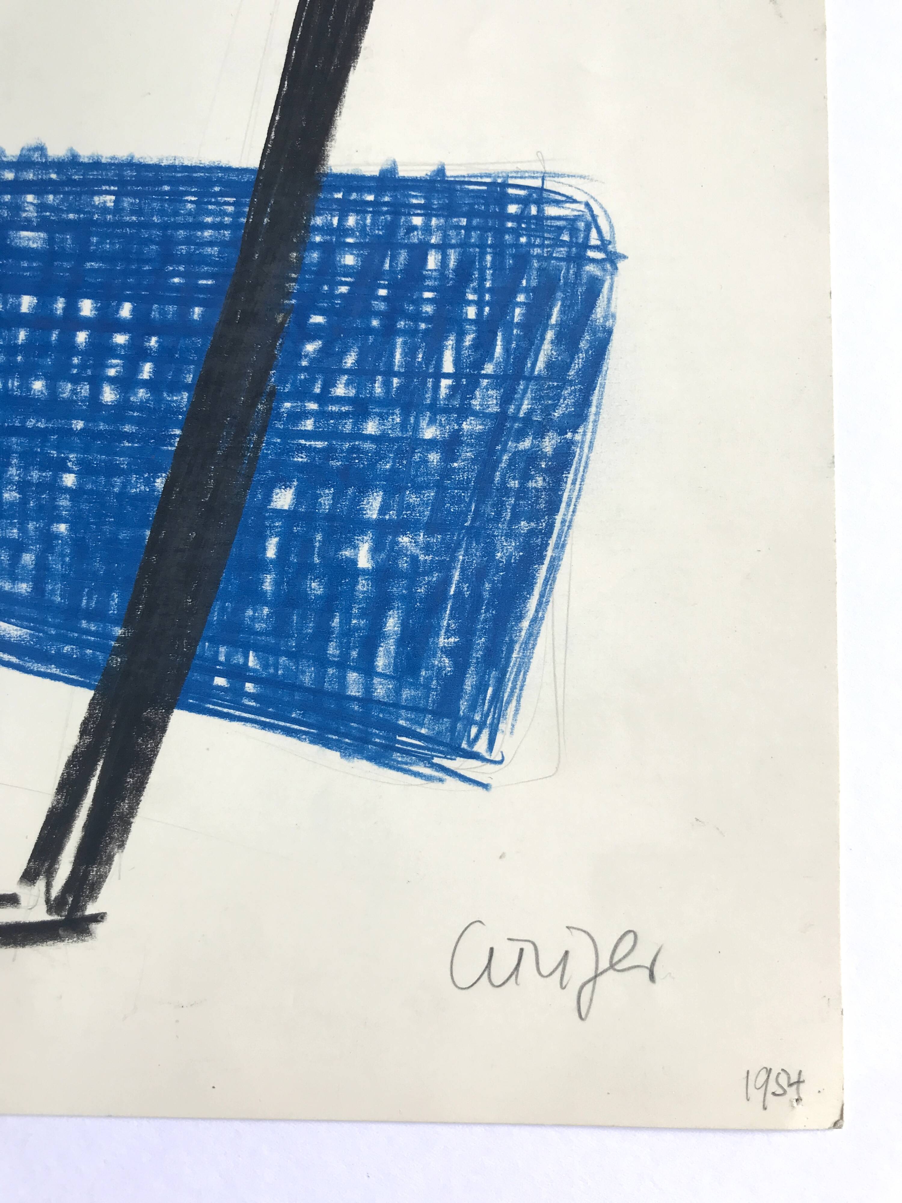 CURIGER Untitled (blue and yellow), 1954. Mixed media signed in pencil.