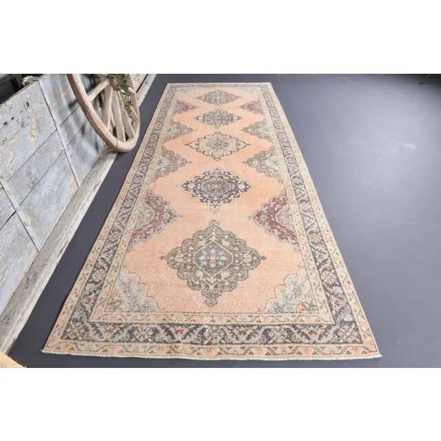 Vintage Turkish Oushak handmade wool cotton orange runner 142x380