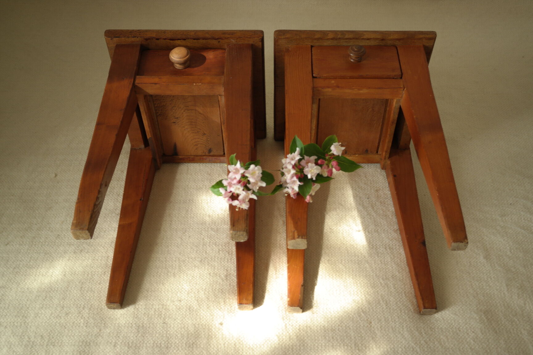 Pair of vintage country bedside tables oak and fir