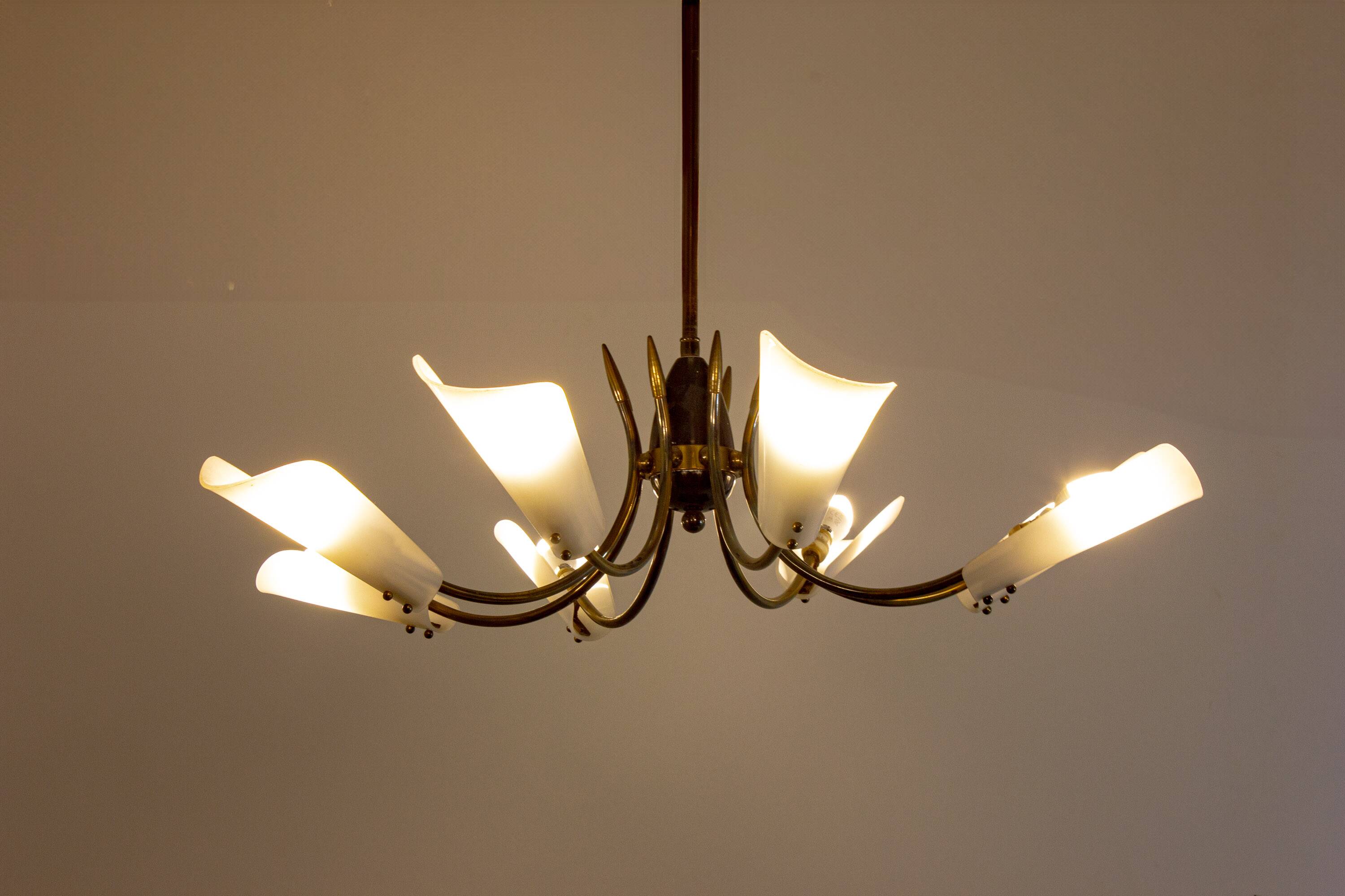 Vintage Italian radial spider chandelier with frosted shades, 1970s