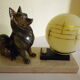 Table lamp, art deco, marble, opaline, bronze patinated metal decoration, switch