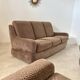 Old 3-seater sofa and vintage armchairs in French designer fabrics from the 70s, Beka brand
