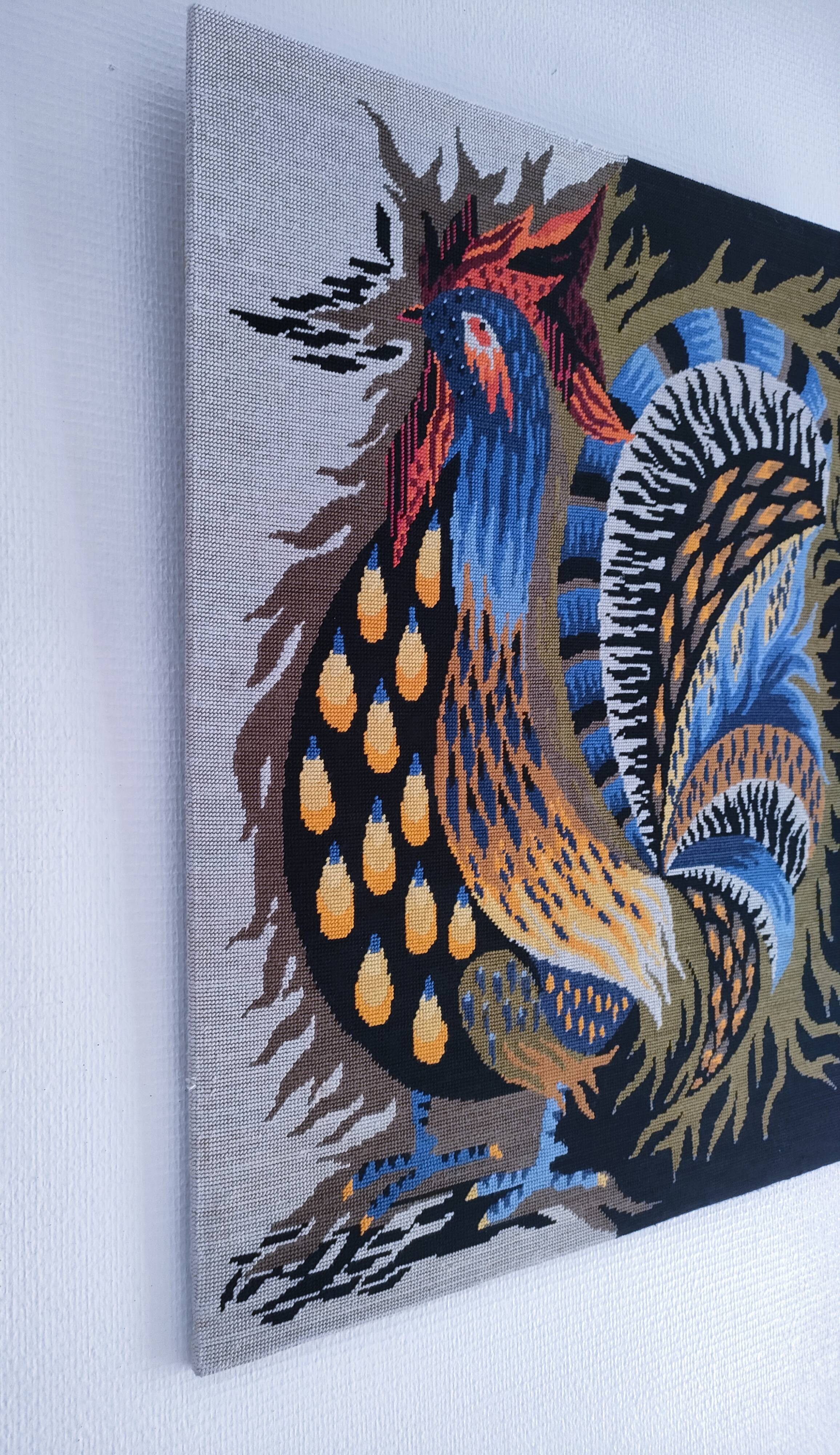 handmade "Aurore" rooster tapestry from the 1970s