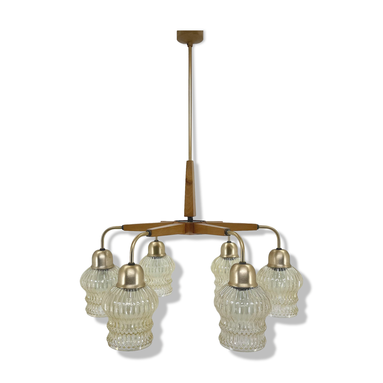 1970's Wood & Glass 6-arm Chandelier, Czechoslovakia