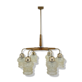 1970's Wood & Glass 6-arm Chandelier, Czechoslovakia