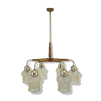 Lustre à six bras en bois et verre des années 1970, Tchécoslovaquie