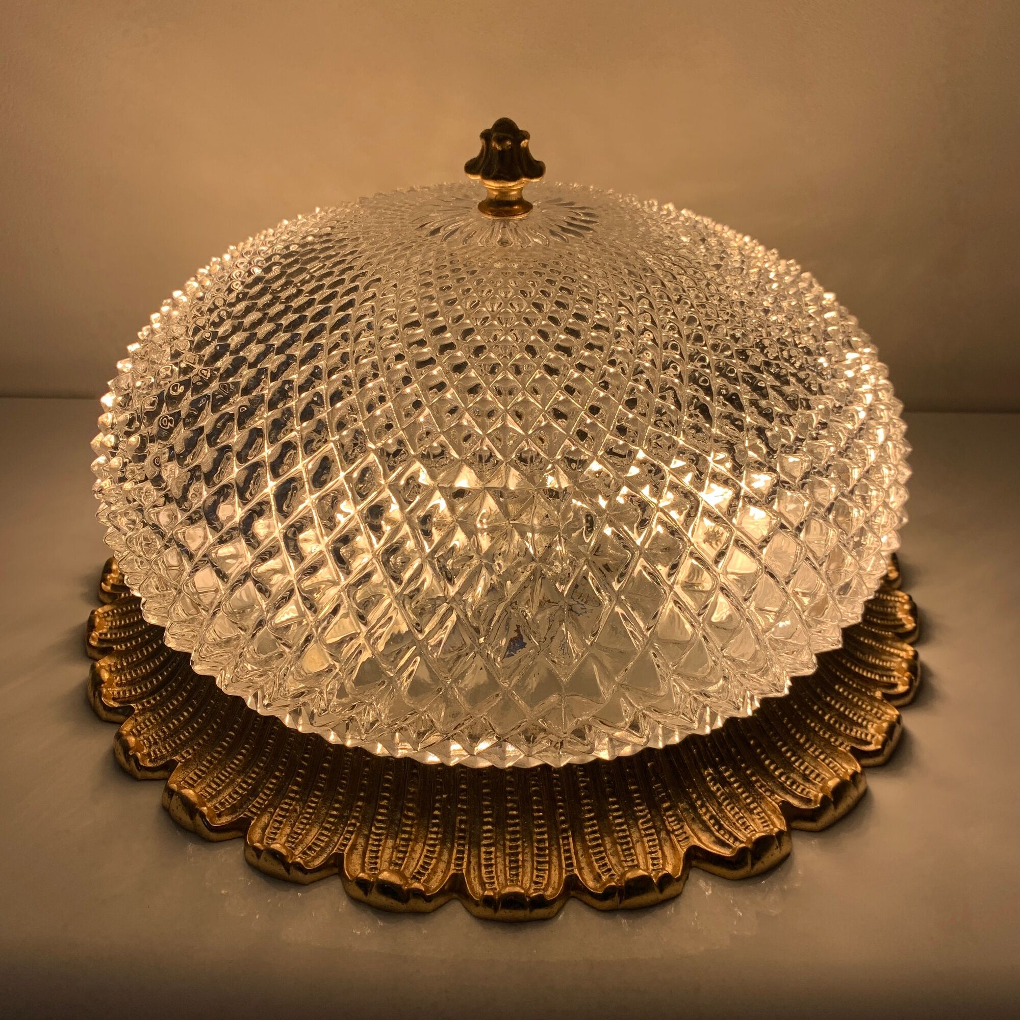 Old ceiling lamp gold metal and globe glass decor of diamond tips limburg