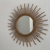 Vintage 1960s sunburst mirror, rattan, wicker, handmade - 55 cm