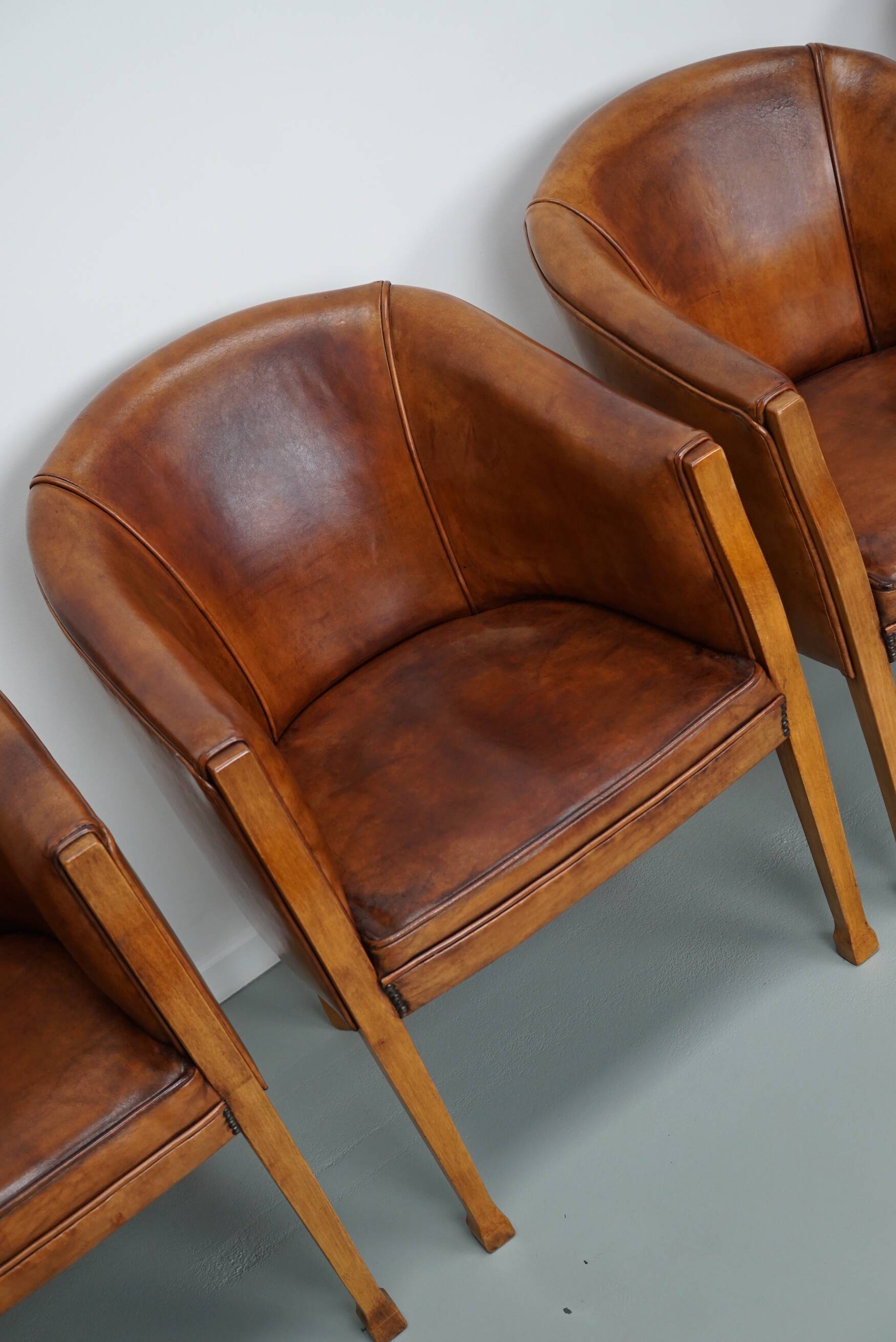 Fauteuils club style art déco en cuir cognac, pays-bas, set de quatre