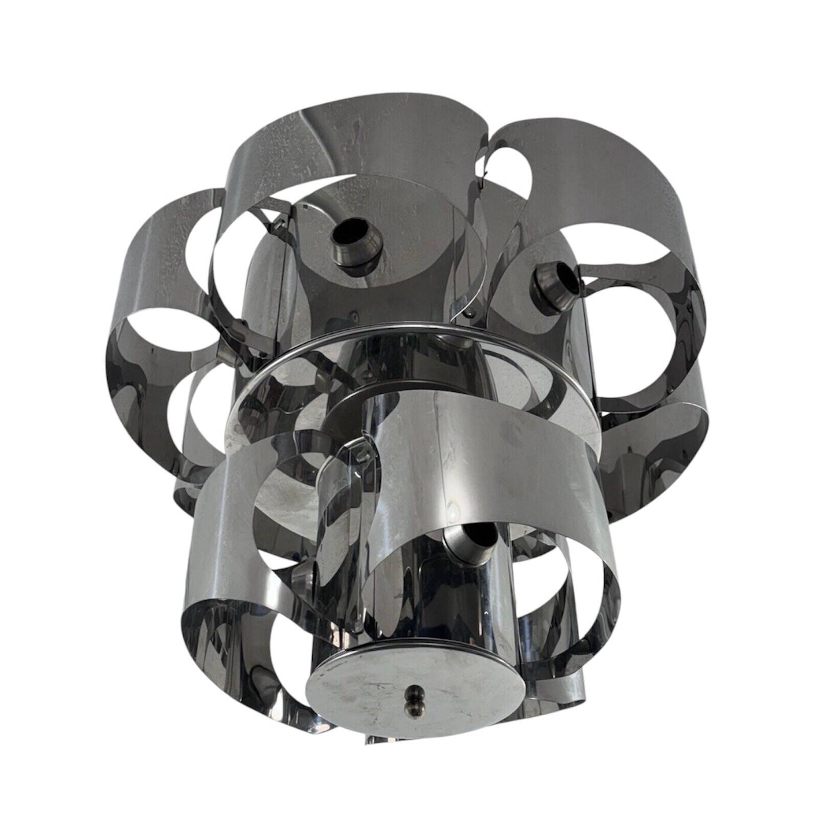 Curved steel chandelier attributed to Max Sauze, 9 lights
