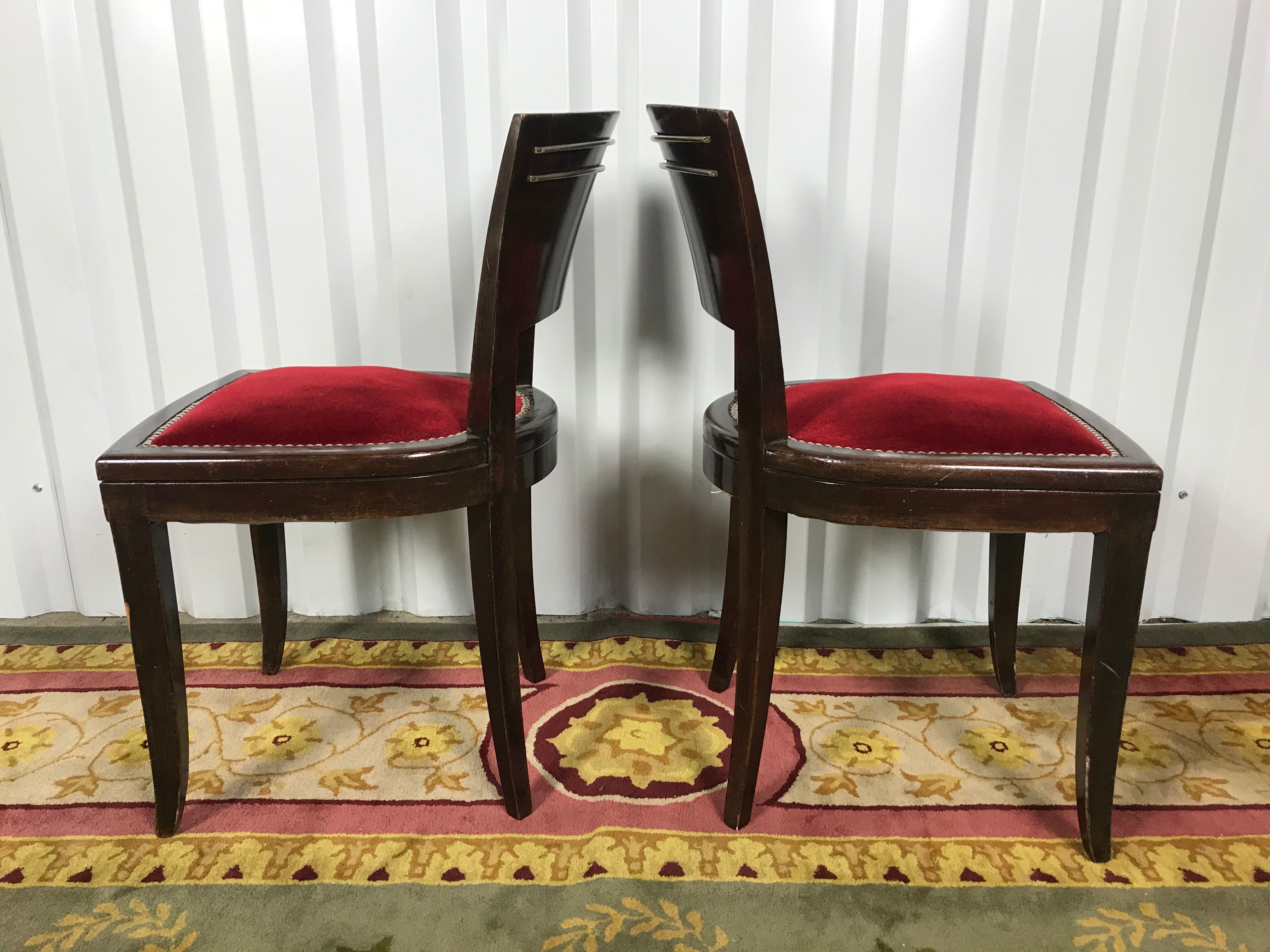 Pair of age Art Deco red velvet chairs