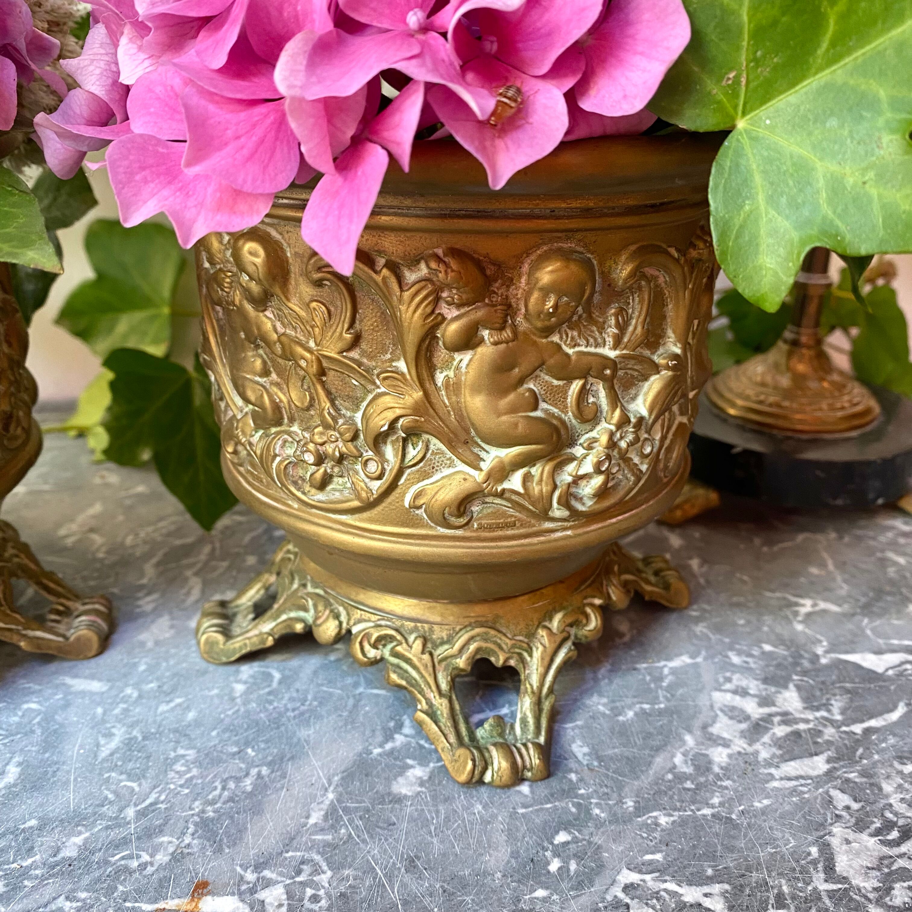 Pair of caches pots in brass repelled nineteenth century