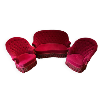 Small Napoleon III style toadstool drawing room, red velvet, tufted backrests
