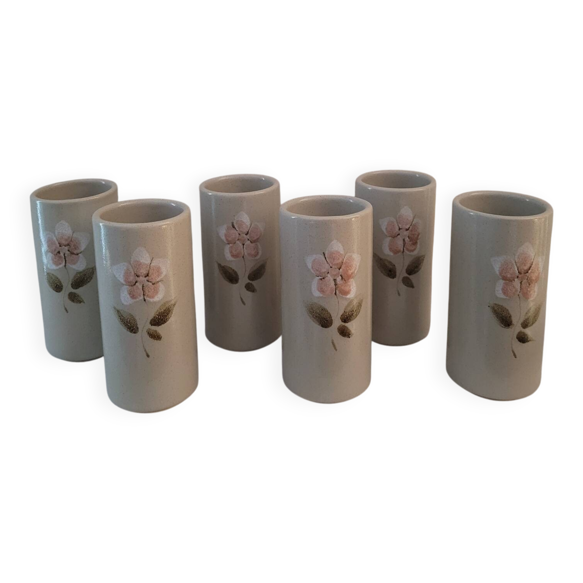 Set of 6 stoneware mazagrans with relief floral decoration – 1980s
