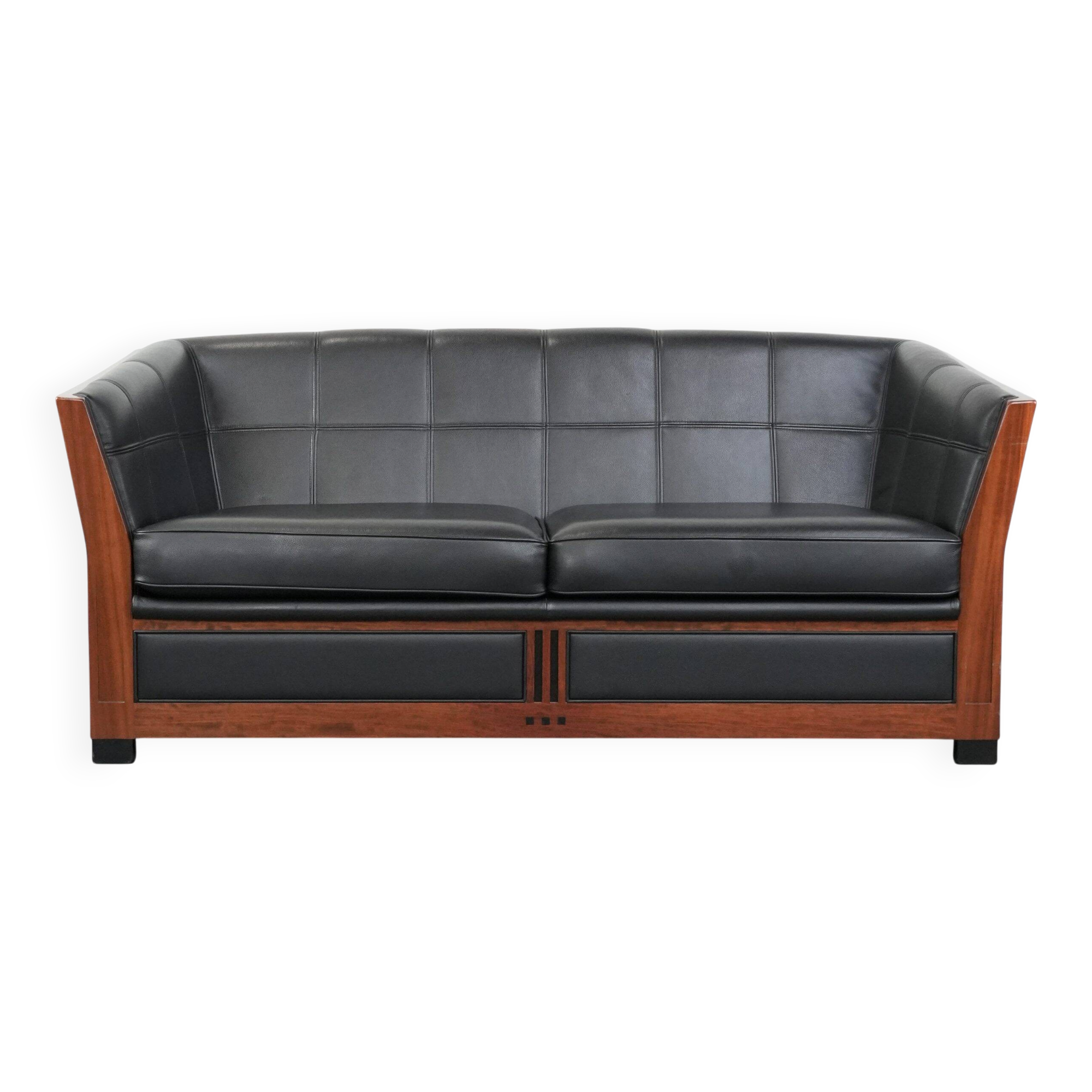 Art Deco  black leather 2.5-seater design sofa with beautiful woodwork