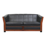 Art Deco  black leather 2.5-seater design sofa with beautiful woodwork