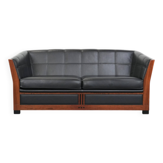 Art Deco  black leather 2.5-seater design sofa with beautiful woodwork