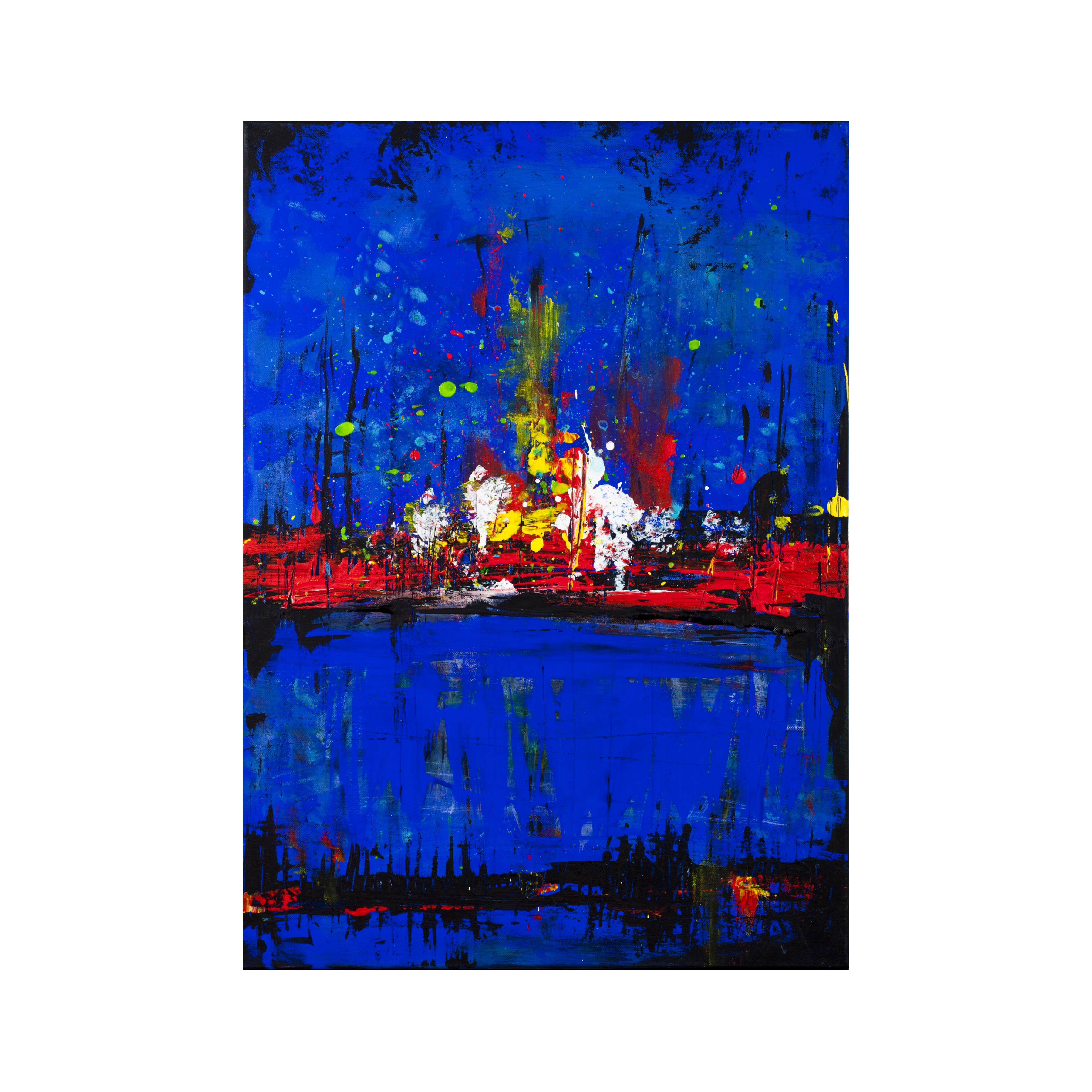 Abstract blue and red colors acrylic painting on stretched canvas