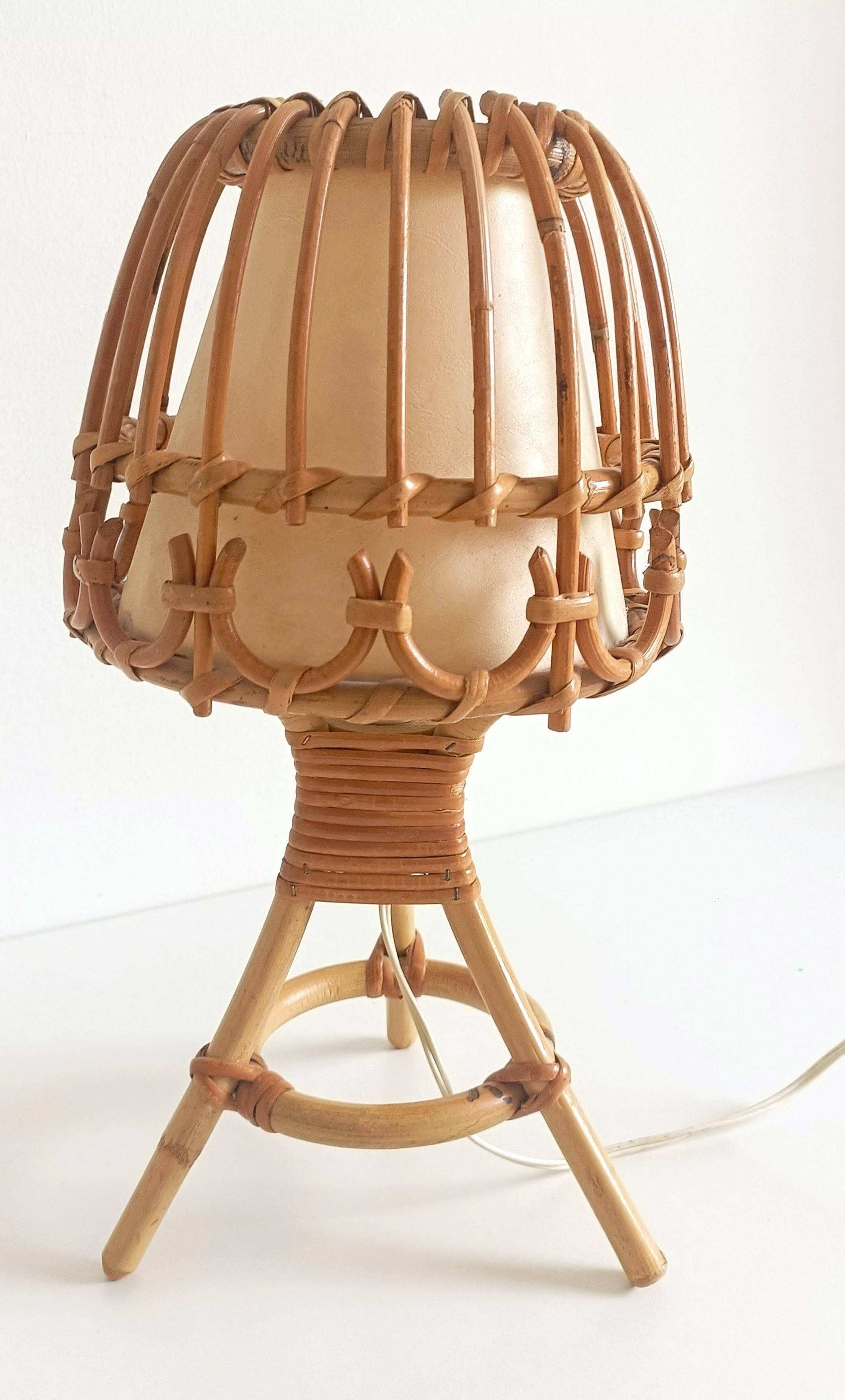 Midcentury Bamboo and Rattan Table Lamp, Attributed to Louis Sognot