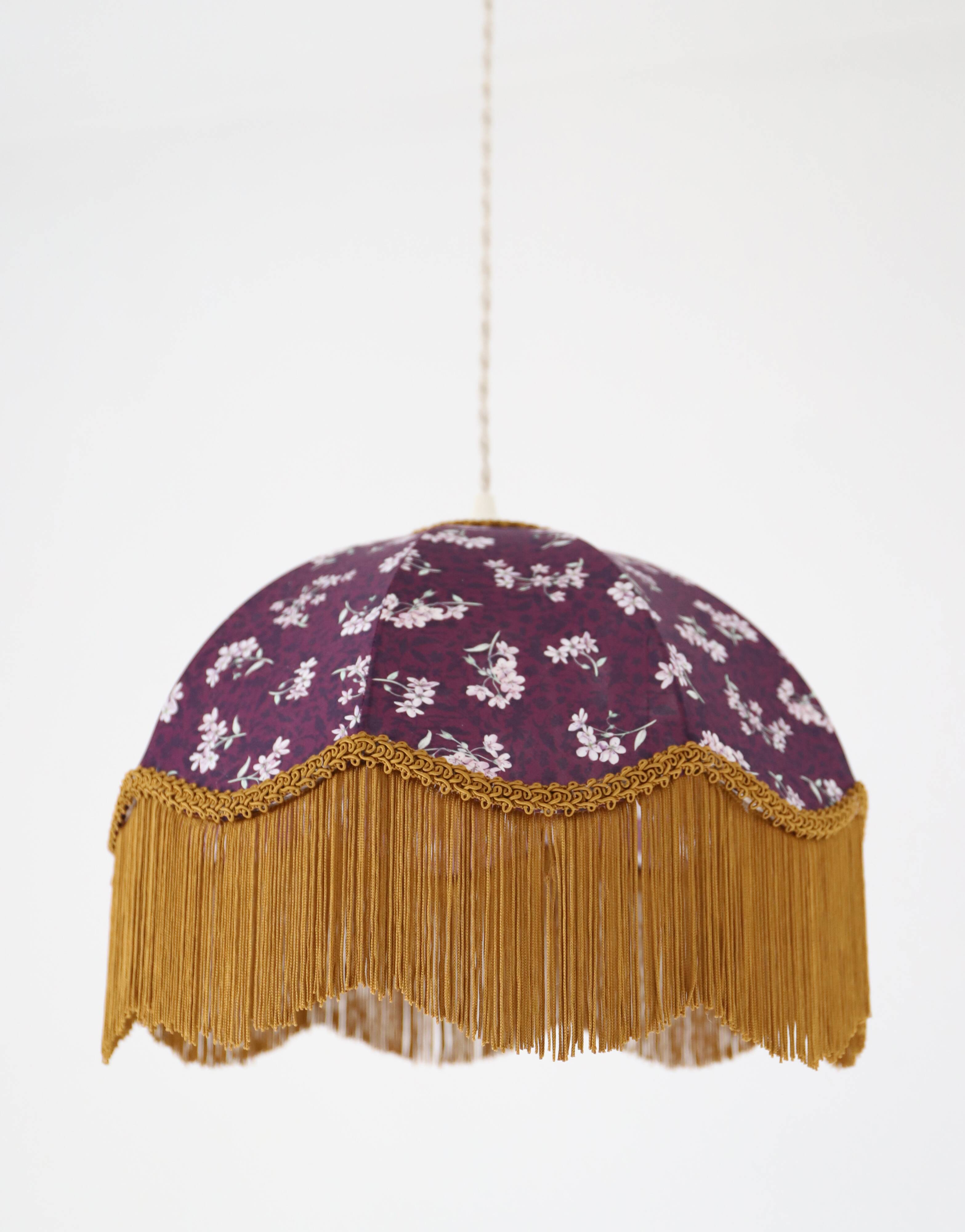 60s-70s pendant light, liberty print umbrella with fringes