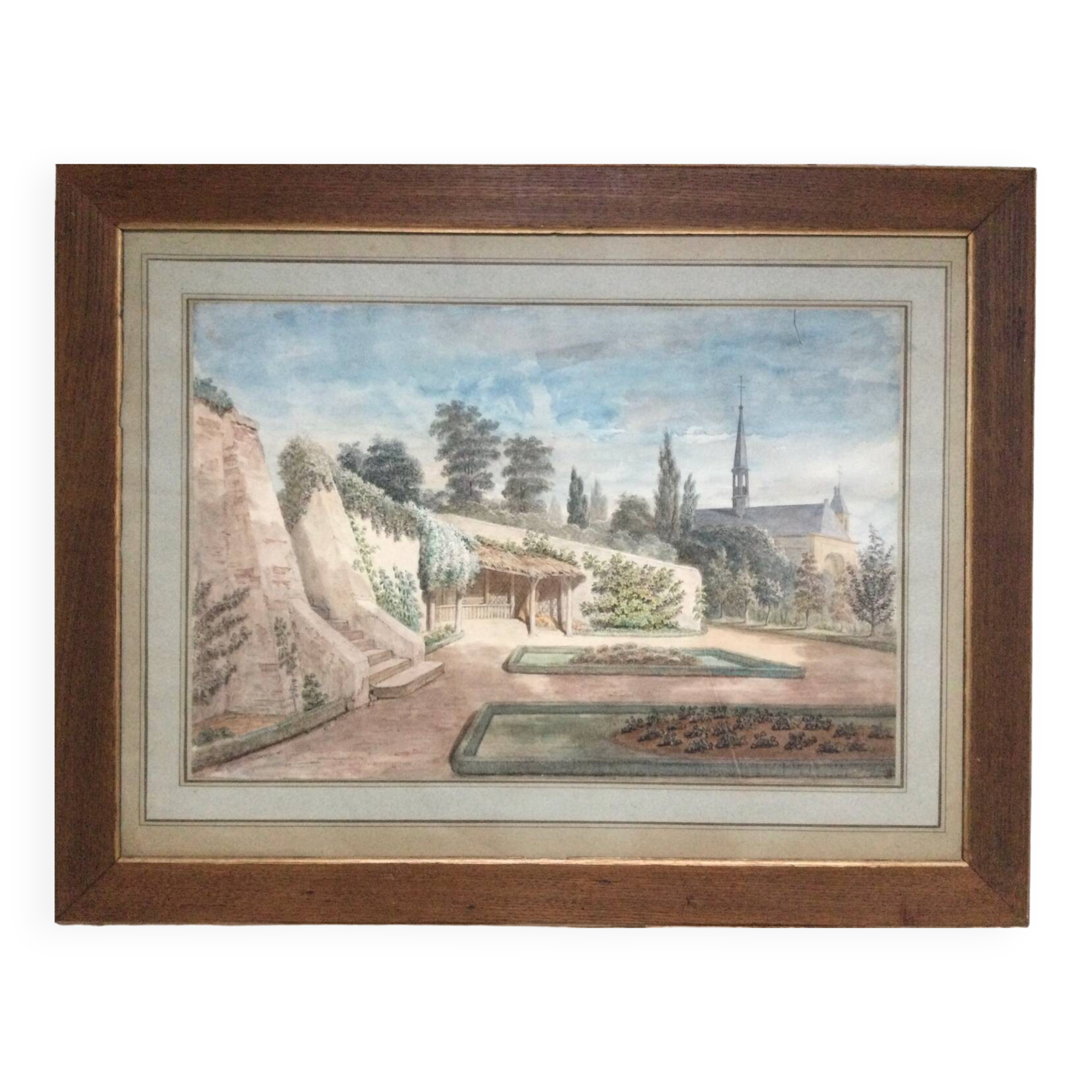 The garden of the abbey. Watercolour 19th century monogrammed.