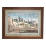 The garden of the abbey. Watercolour 19th century monogrammed.