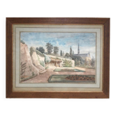 The garden of the abbey. Watercolour 19th century monogrammed.