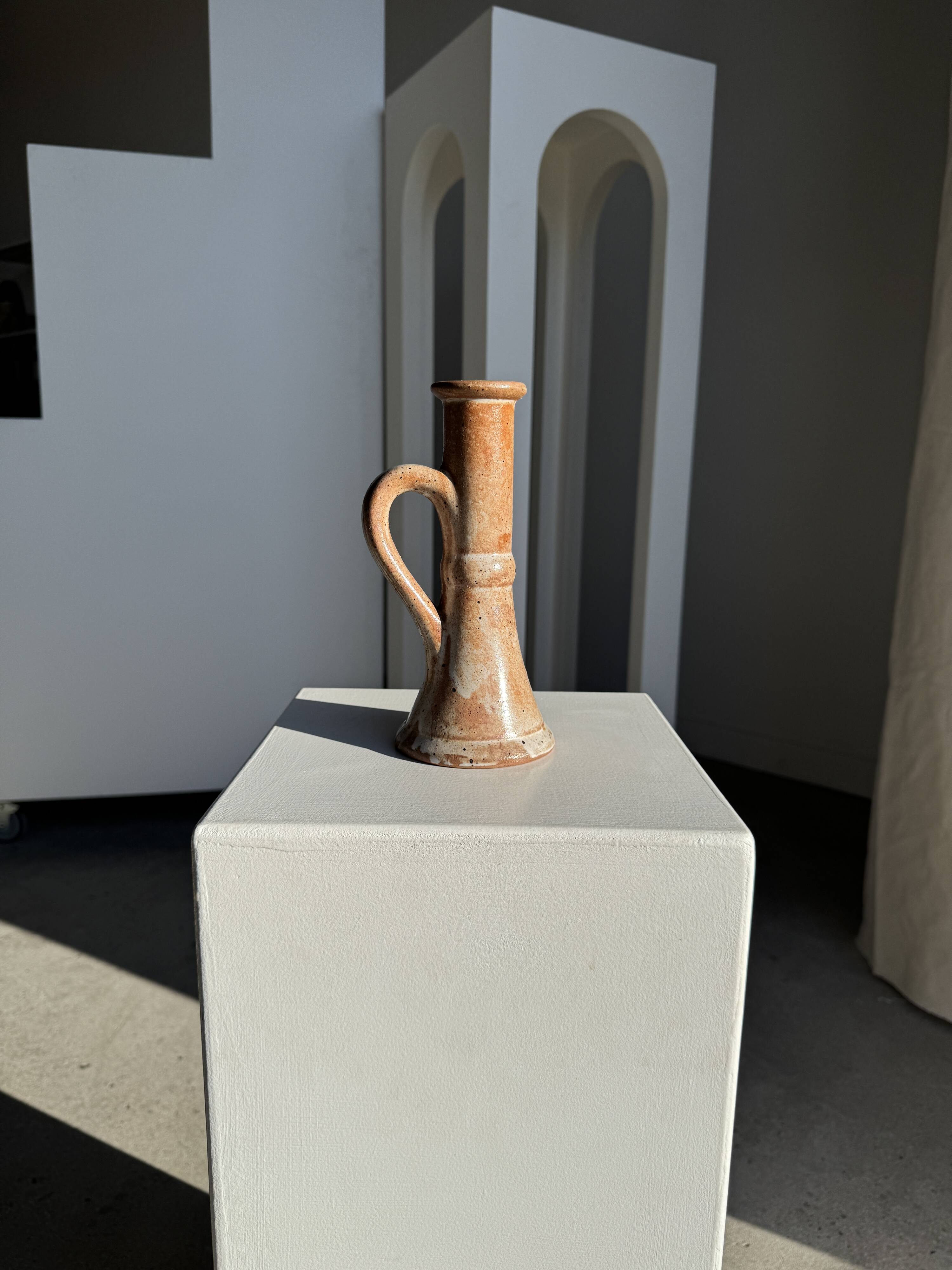 Large antique handmade stoneware candlestick H20