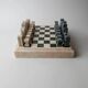 Vintage marble chess set from the 1970s, green and beige stone board, heavy design, geometric pieces, sculptural tabletop game, gift idea.