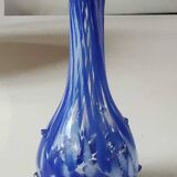 Murano style floral vase. Corolla neck, speckled cobalt blue & white. Dim 24 x 10 cm