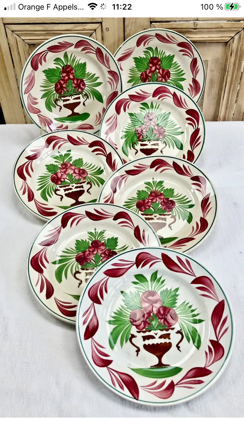 7 dessert plates XIX Sarreguemines stencil decoration