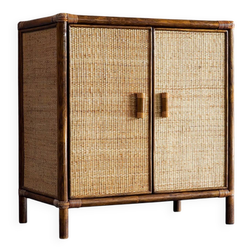 Cabinet vintage en rotin et en osier avec 2 portes