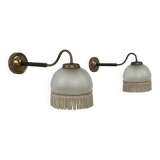 Vintage pair of wall lights, brass and frosted glass, France, 1970.