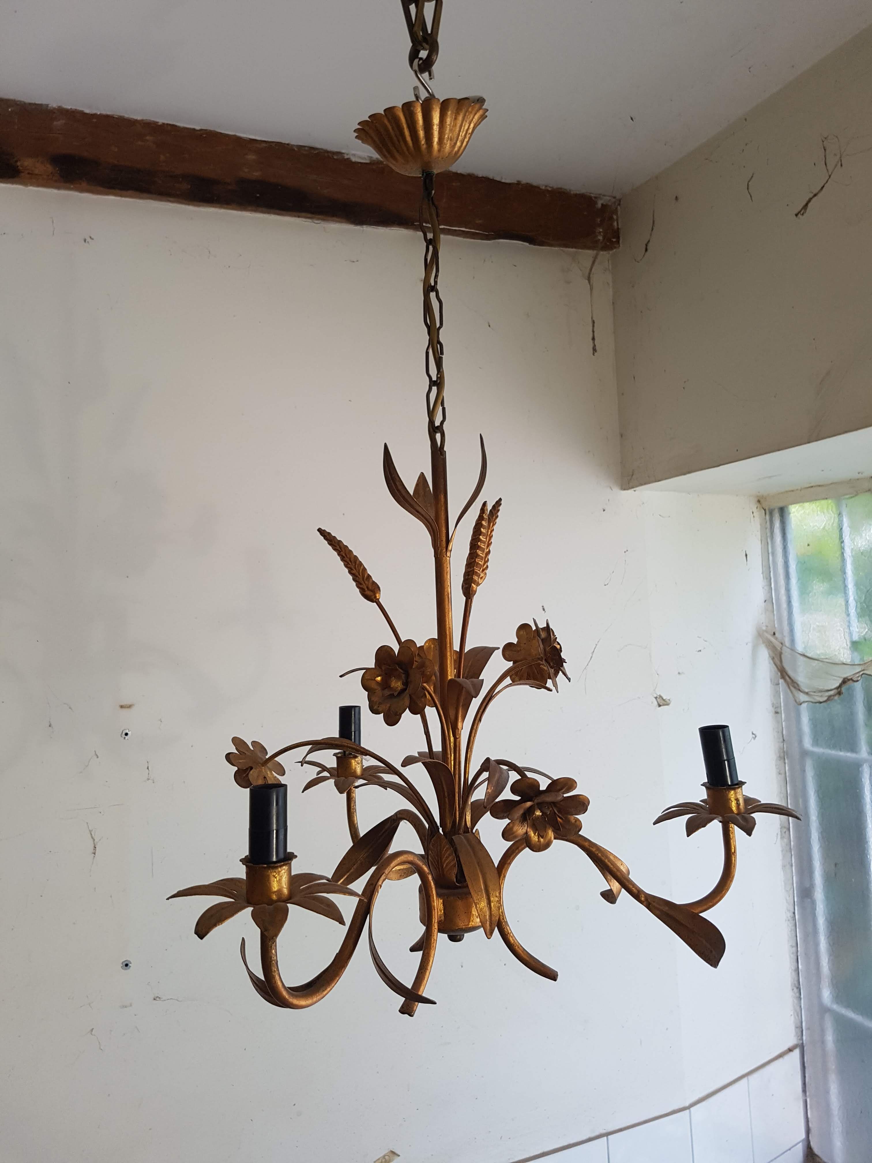 Gold metal chandelier with ear of wheat decor