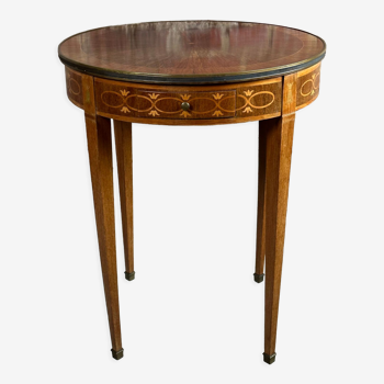 Guéridon table d'appoint style Louis XVI placage de marqueterie de bois précieux