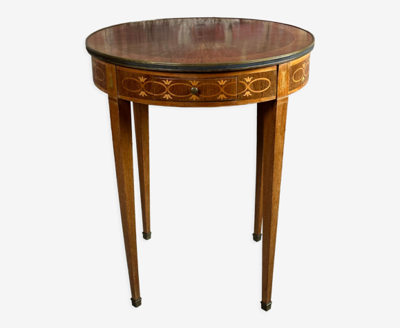 Guéridon table d'appoint style Louis XVI placage de marqueterie de bois précieux