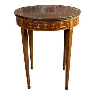 Guéridon table d'appoint style Louis XVI placage de marqueterie de bois précieux